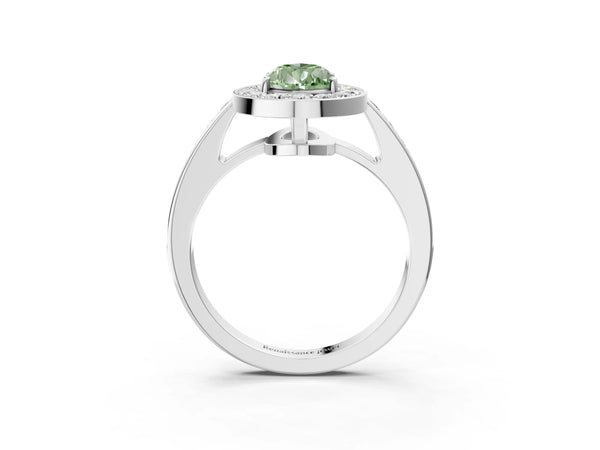 White gold Fancy Green Pear  Halo Pavé Diamond Engagement Ring with Bezel Setting
