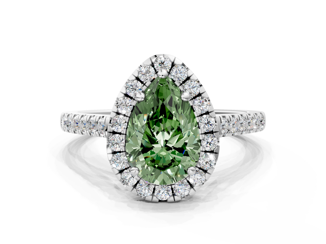 White gold Fancy Green Pear  Halo Pavé Diamond Engagement Ring with Four-Prong Setting_3