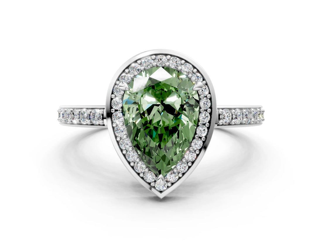 White gold Fancy Green Pear  Halo Pave Band Solitaire Ring with Prong Setting_66