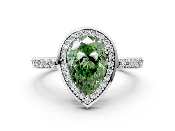 Platinum Fancy Green Pear  Halo Pave Band Solitaire Ring with Prong Setting