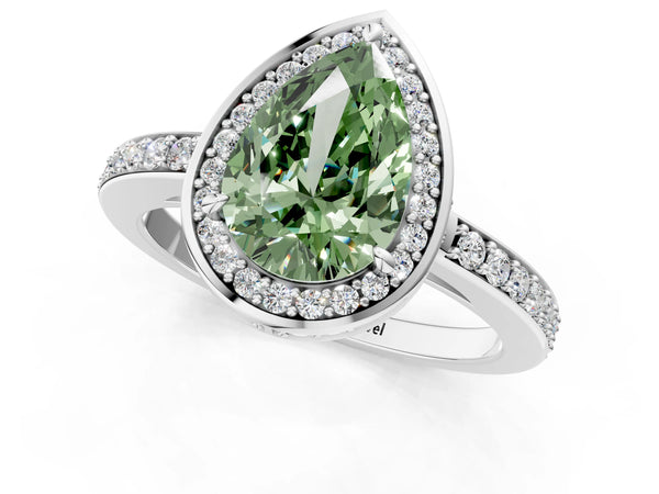 Platinum Fancy Green Pear  Halo Pave Band Solitaire Ring with Prong Setting