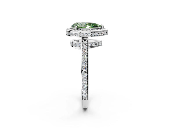 Platinum Fancy Green Pear  Halo Pave Band Solitaire Ring with Prong Setting