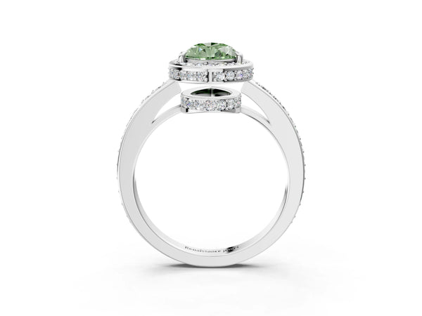 Platinum Fancy Green Pear  Halo Pave Band Solitaire Ring with Prong Setting