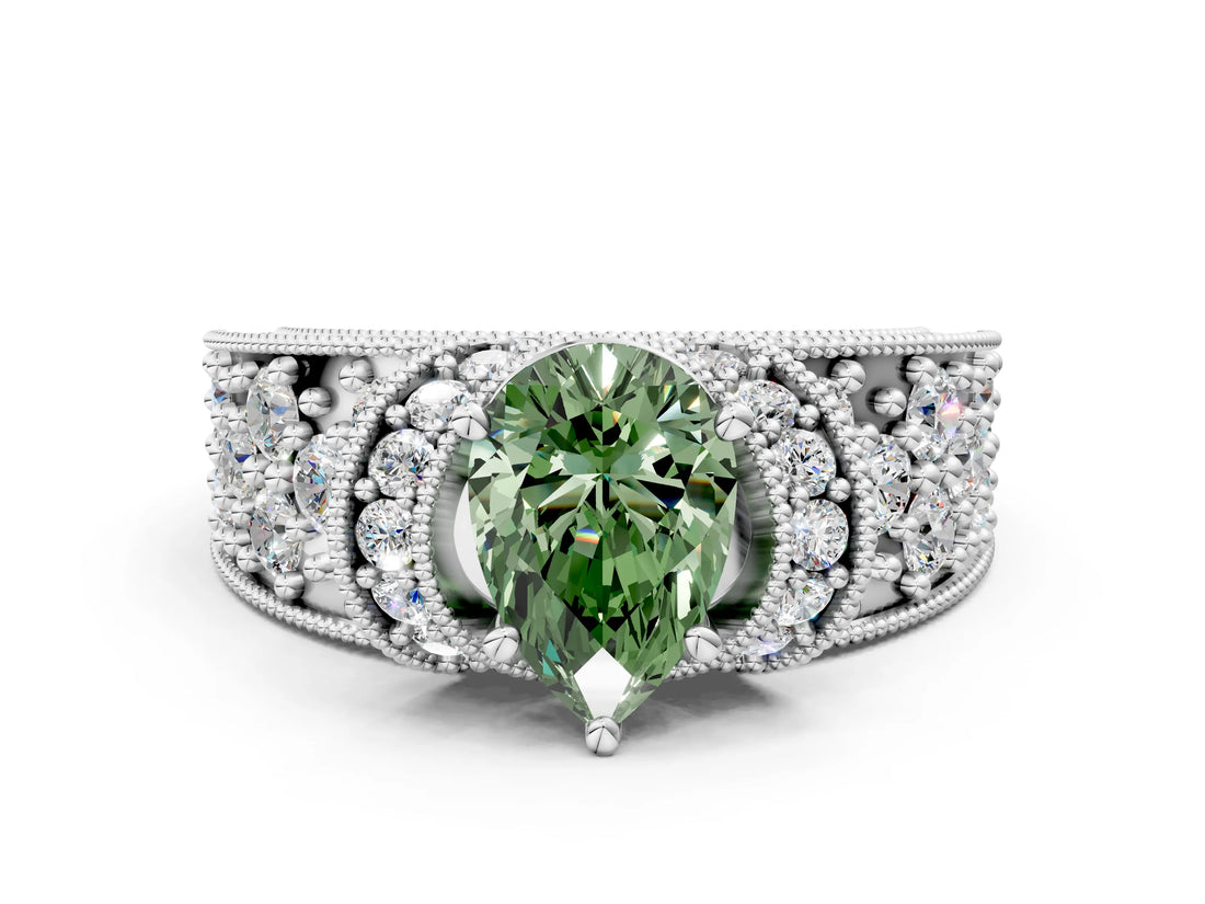 White gold Fancy Green Pear  Halo Pave Diamond Engagement Ring with Milgrain Detailing_48