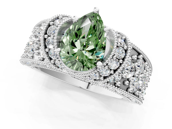 Platinum Fancy Green Pear  Halo Pave Diamond Engagement Ring with Milgrain Detailing