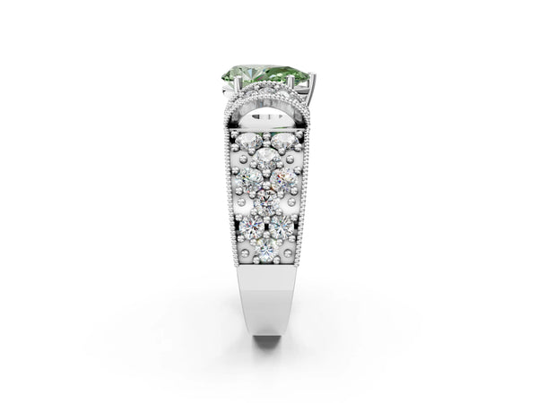 Platinum Fancy Green Pear  Halo Pave Diamond Engagement Ring with Milgrain Detailing