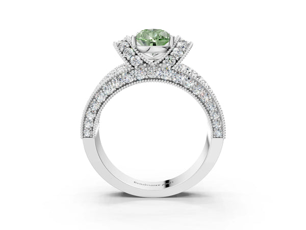 Platinum Fancy Green Pear  Halo Pave Diamond Engagement Ring with Milgrain Detailing