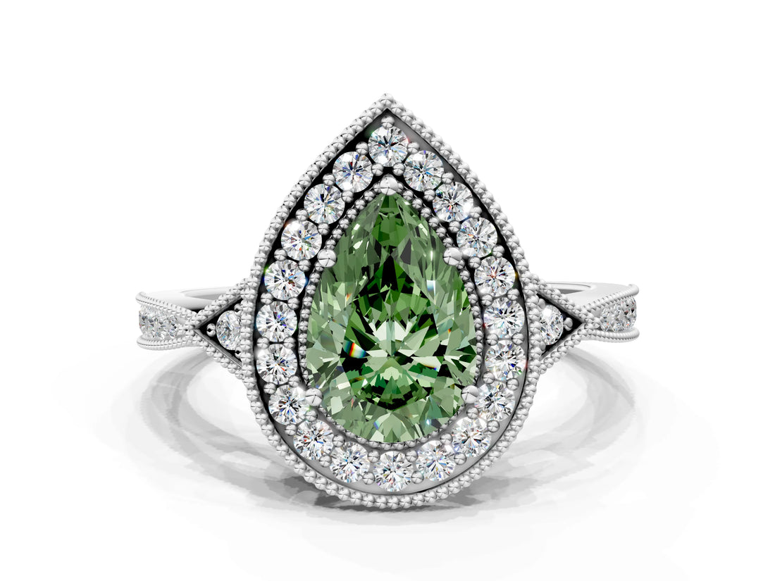 White gold Fancy Green Pear  Halo Round Diamond Milgrain Pave Engagement Ring_3