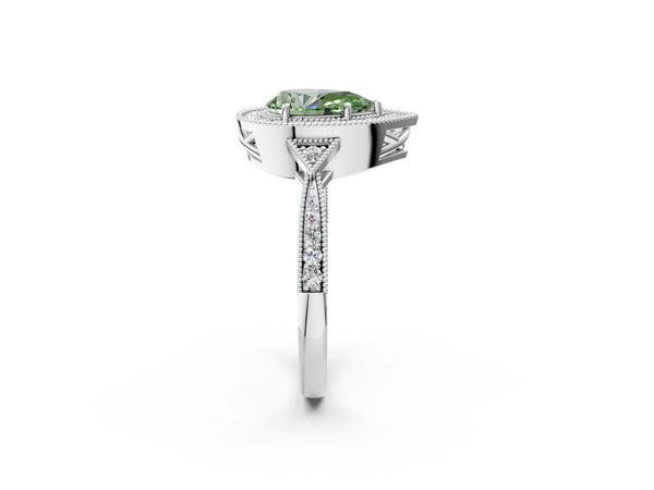 White gold Fancy Green Pear  Halo Round Diamond Milgrain Pave Engagement Ring