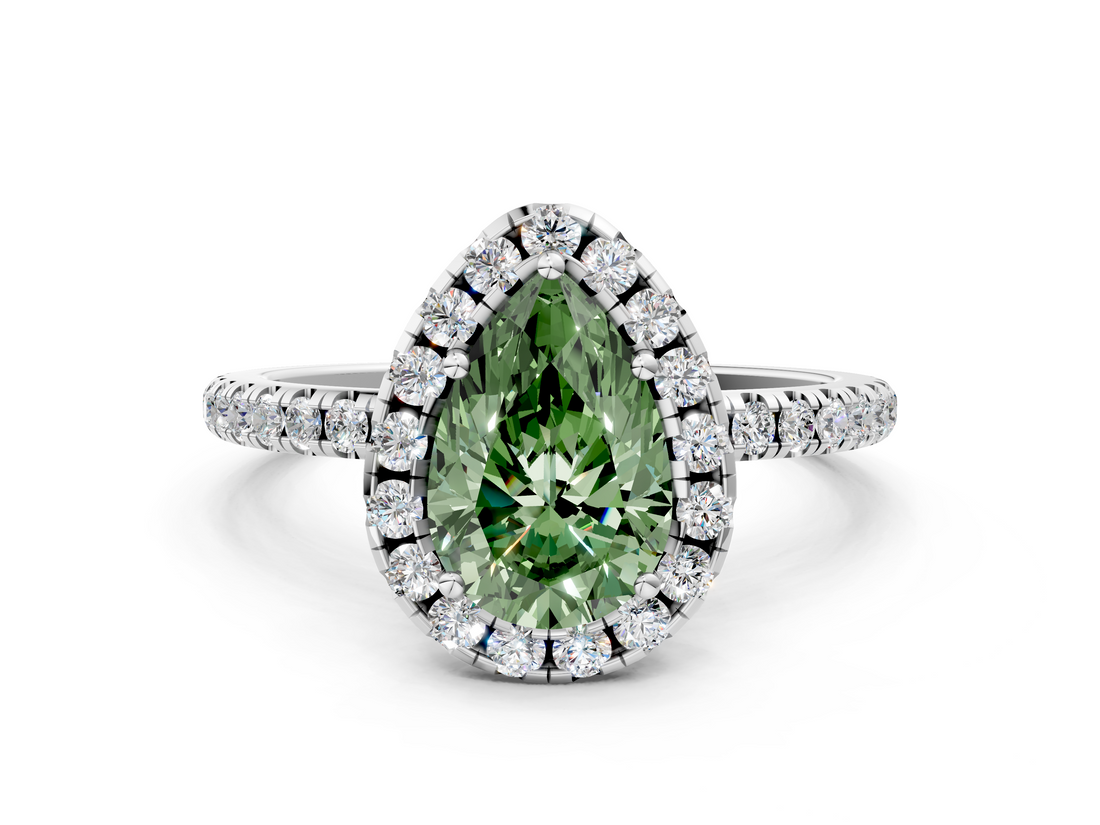 White gold Fancy Green Pear  Halo Round Diamond Pavé Band Four-Prong Ring_3