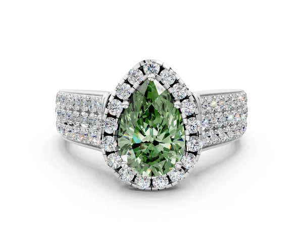 White gold Fancy Green Pear  Halo Round Diamond Pave Band with Prong Setting