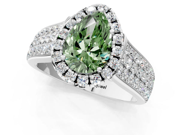 White gold Fancy Green Pear  Halo Round Diamond Pave Band with Prong Setting