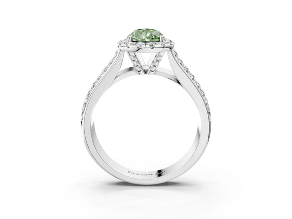 White gold Fancy Green Pear  Halo Round Diamond Pave Band with Prong Setting