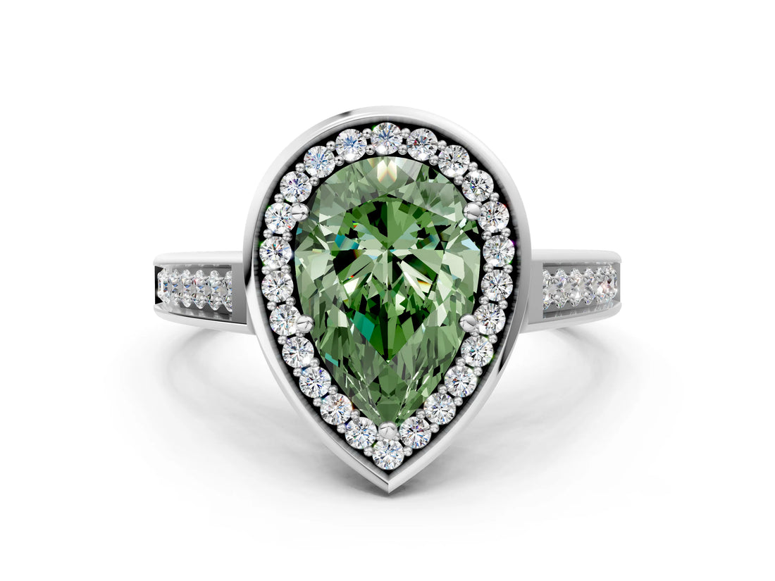 White gold Fancy Green Pear  Halo Solitaire Diamond Ring with Pave Band and Bezel Setting_49