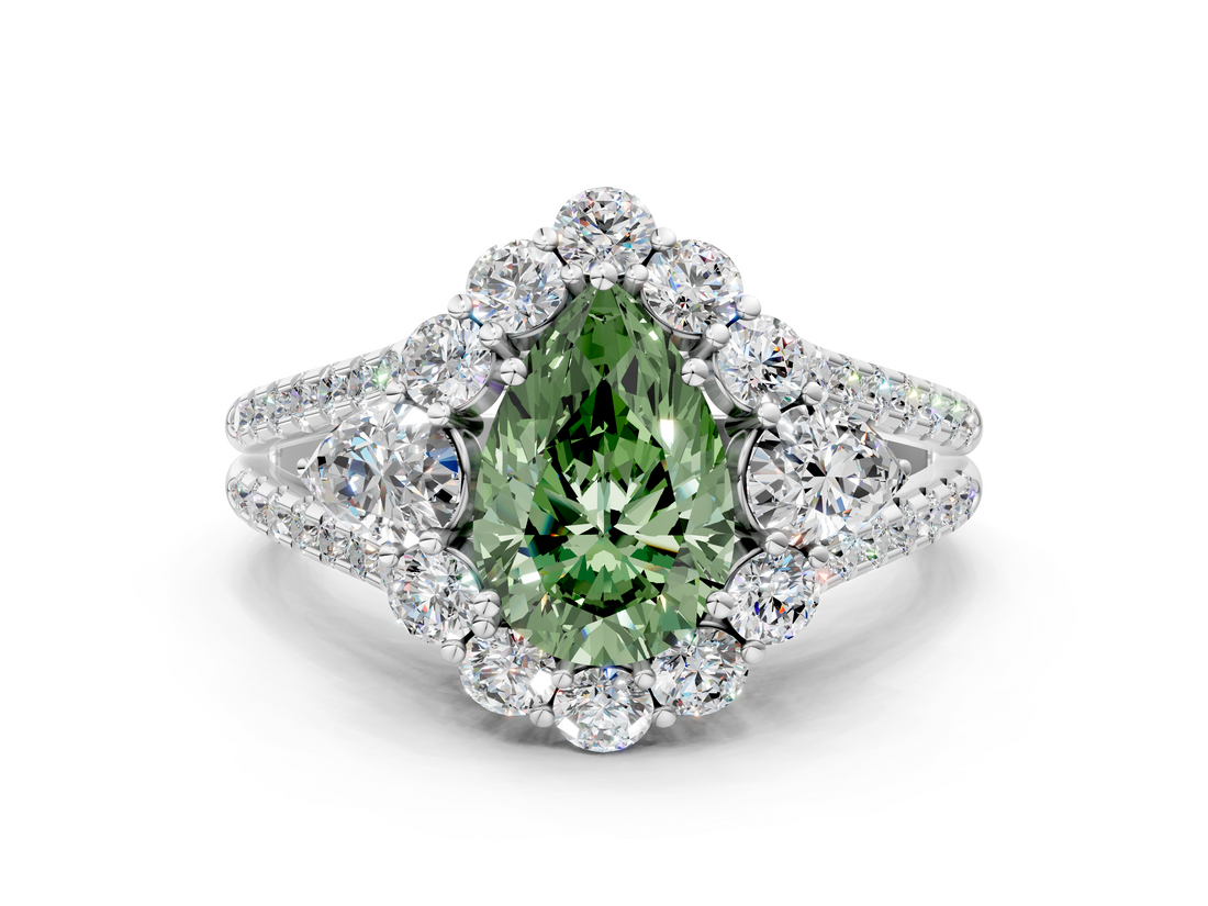 White gold Fancy Green Pear  Halo Split Shank Diamond Engagement Ring with Prong Setting_20