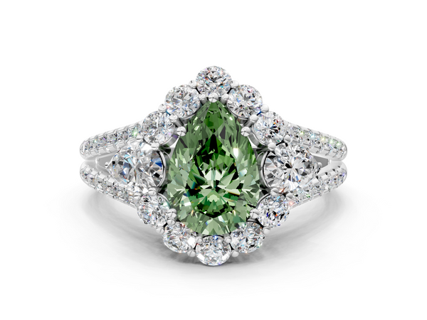 White gold Fancy Green Pear  Halo Split Shank Diamond Engagement Ring with Prong Setting