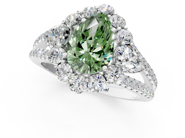 White gold Fancy Green Pear  Halo Split Shank Diamond Engagement Ring with Prong Setting
