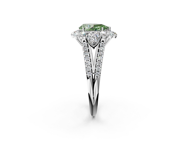 White gold Fancy Green Pear  Halo Split Shank Diamond Engagement Ring with Prong Setting