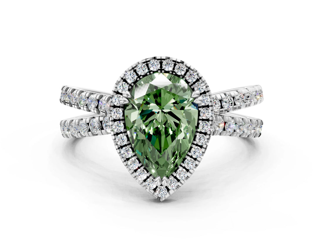 White gold Fancy Green Pear  Halo Split Shank Diamond Ring with Pavé Setting_26
