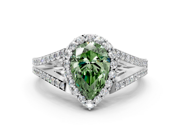 White gold Fancy Green Pear  Halo Split Shank Diamond Ring with Prong Setting