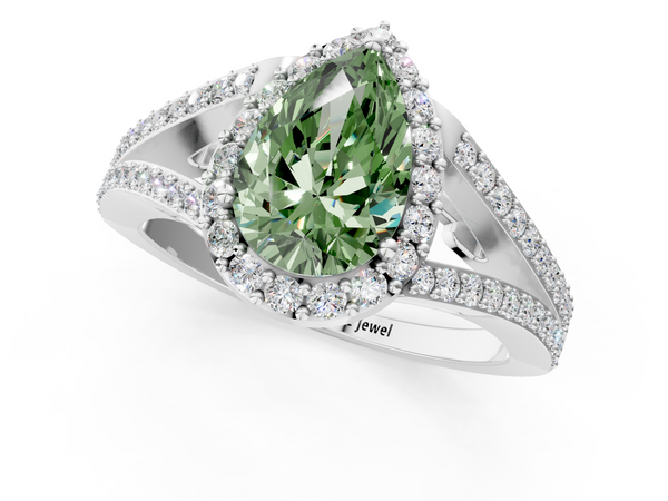 White gold Fancy Green Pear  Halo Split Shank Diamond Ring with Prong Setting