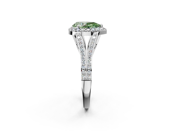 White gold Fancy Green Pear  Halo Split Shank Diamond Ring with Prong Setting