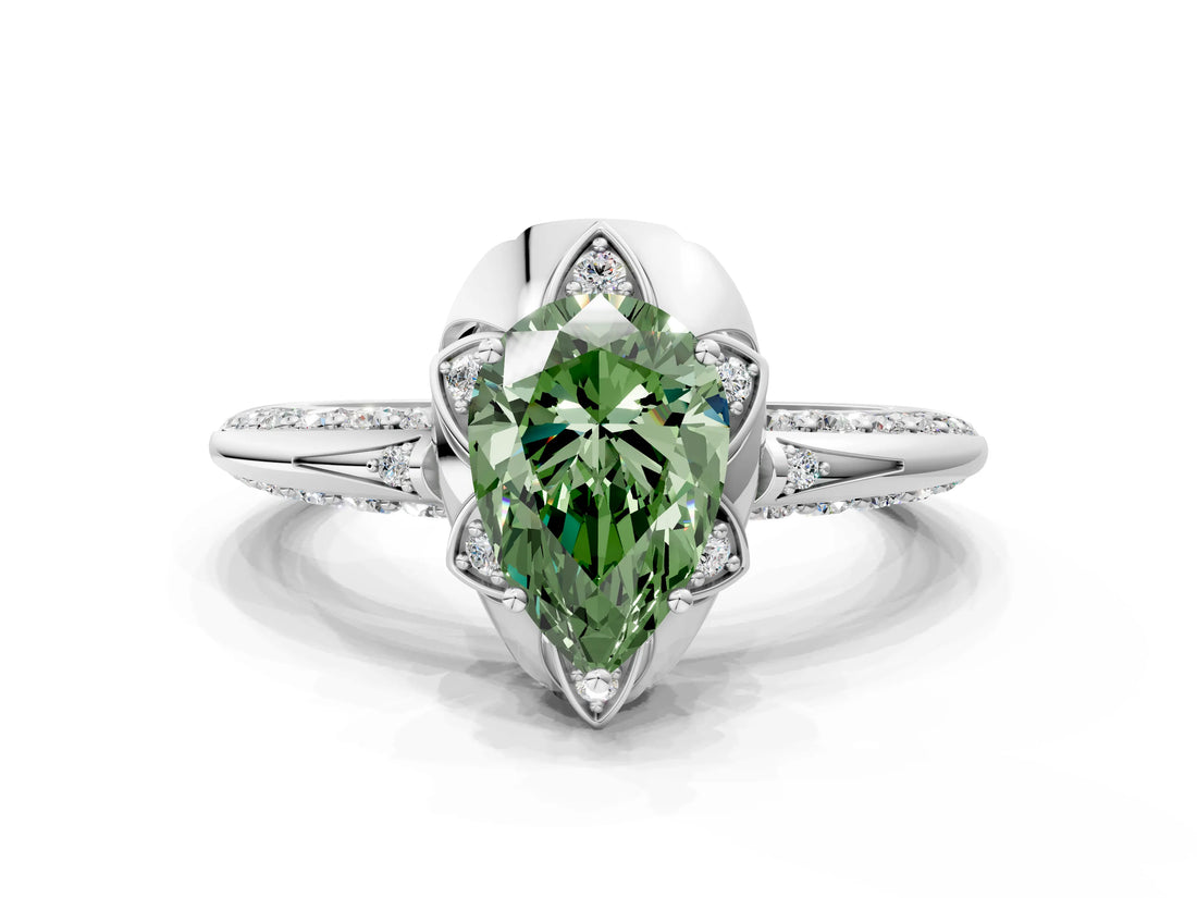 White gold Fancy Green Pear  Halo Split Shank Pave Diamond Ring with Petal Prong Setting_33