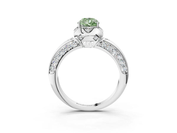 Platinum Fancy Green Pear  Halo Split Shank Pave Diamond Ring with Petal Prong Setting