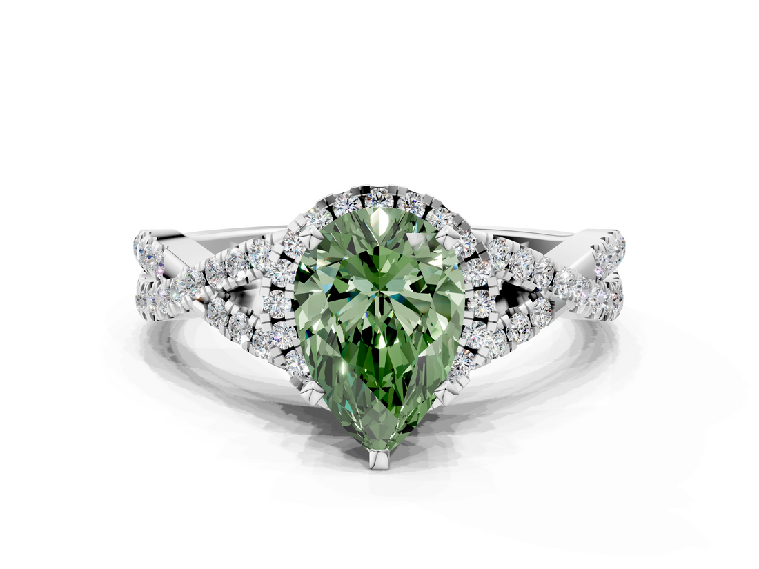White gold Fancy Green Pear  Halo Twist Band Solitaire Prong Setting Ring_133