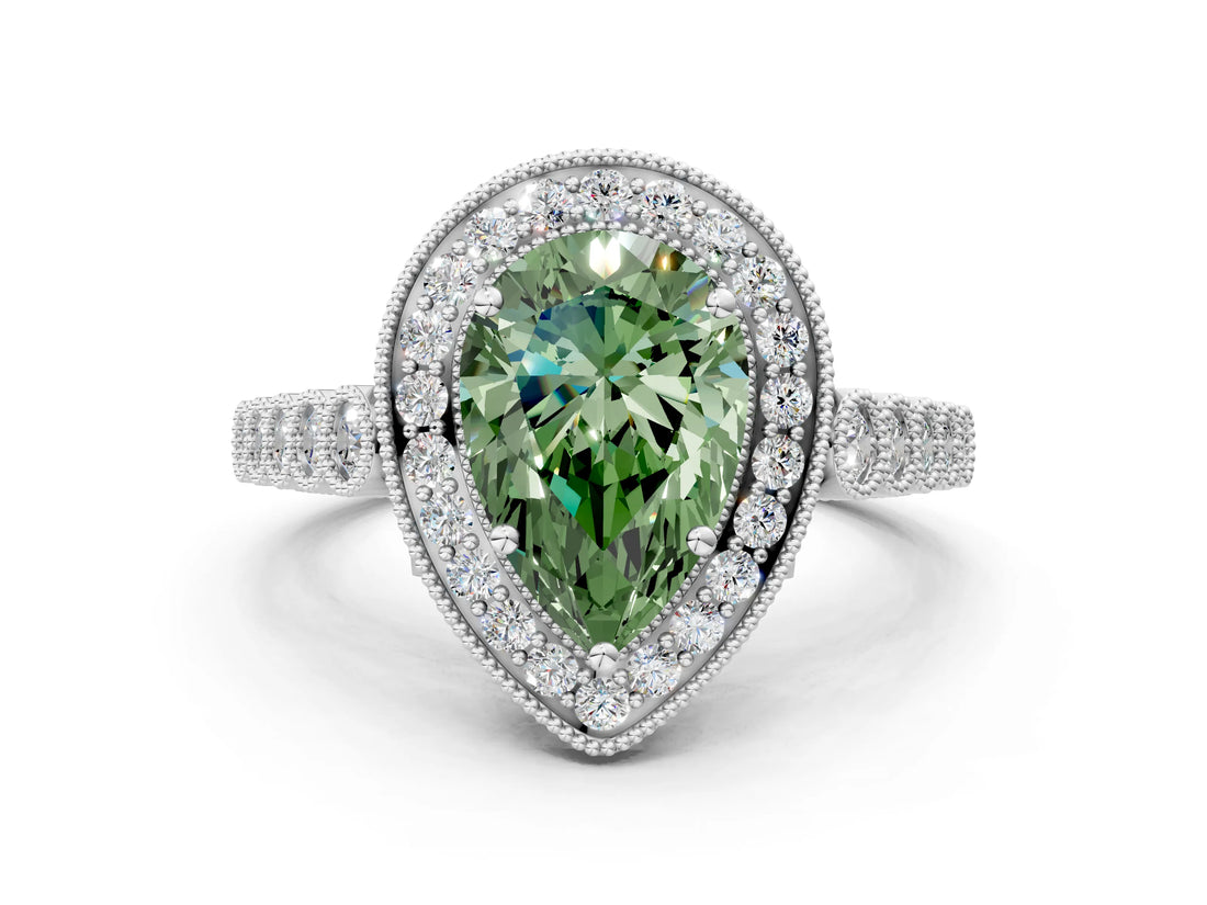 White gold Fancy Green Pear  Halo Twist Band Solitaire Ring with Six-Prong Setting_32