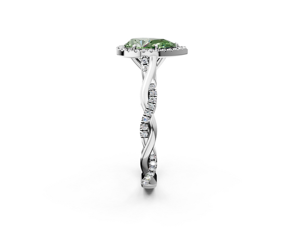 White gold Fancy Green Pear  Halo Twist Band Solitaire Ring