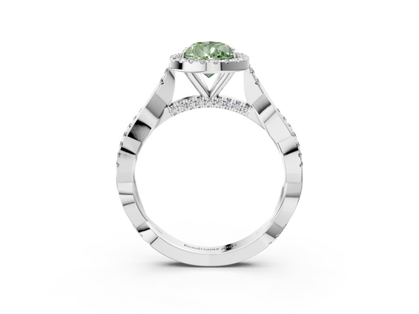 White gold Fancy Green Pear  Halo Twist Band Solitaire Ring