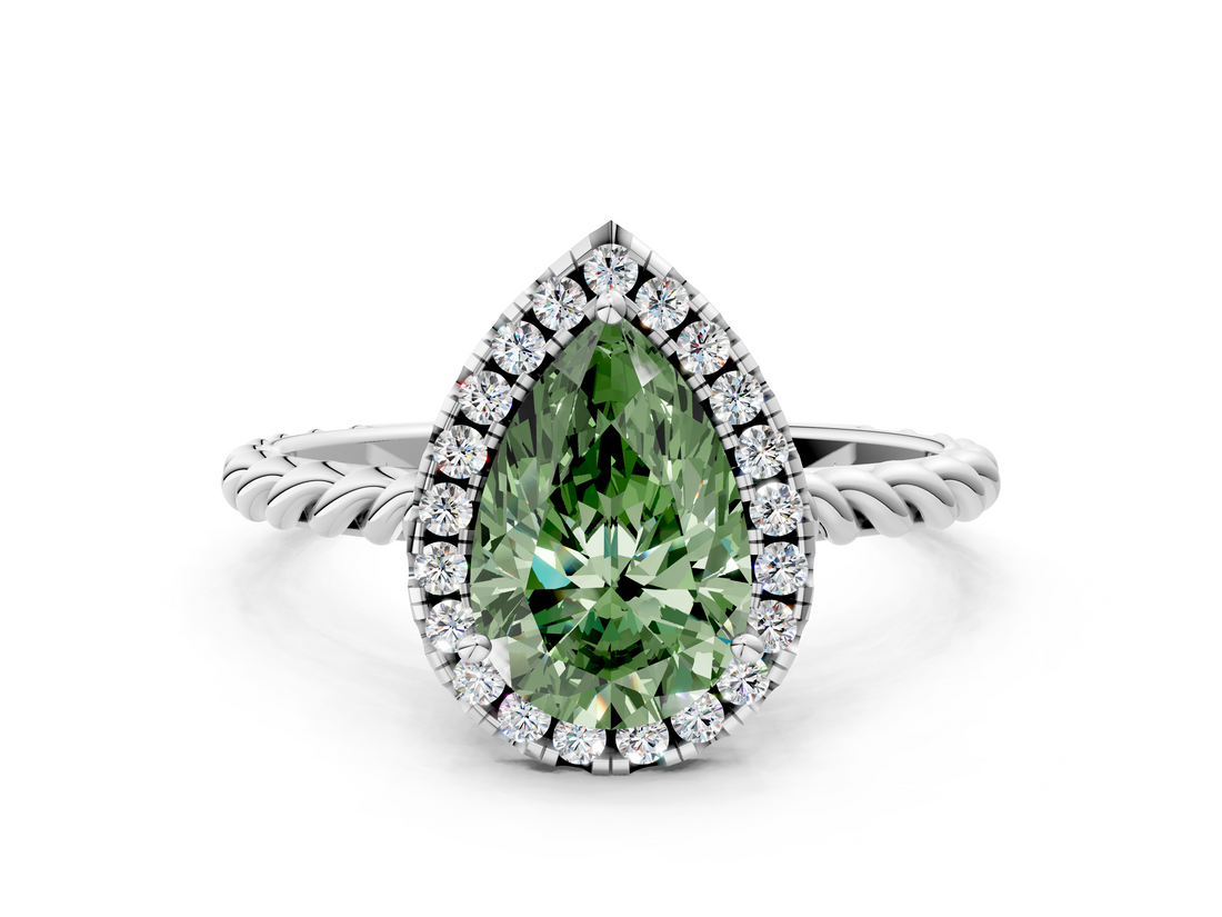 White gold Fancy Green Pear  Halo Twisted Band Four-Prong Diamond Ring_20