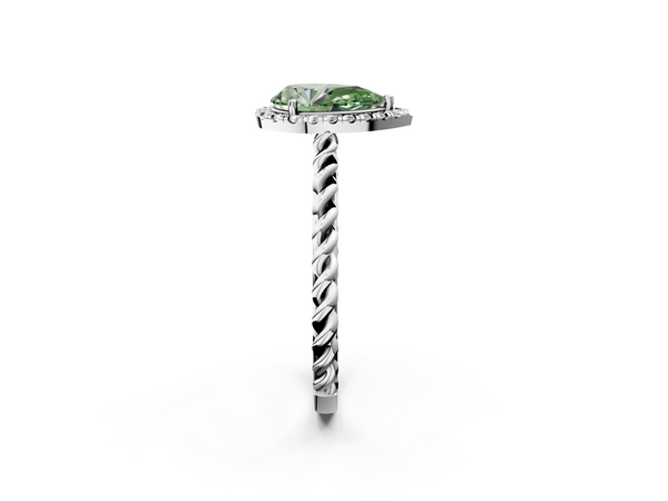 White gold Fancy Green Pear  Halo Twisted Band Four-Prong Diamond Ring
