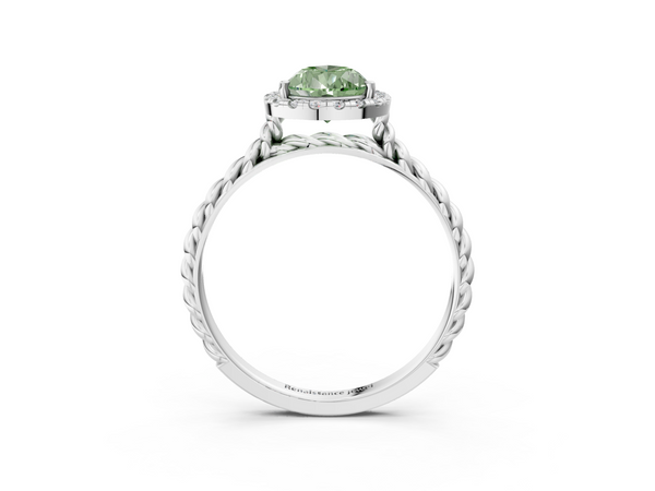 White gold Fancy Green Pear  Halo Twisted Band Four-Prong Diamond Ring