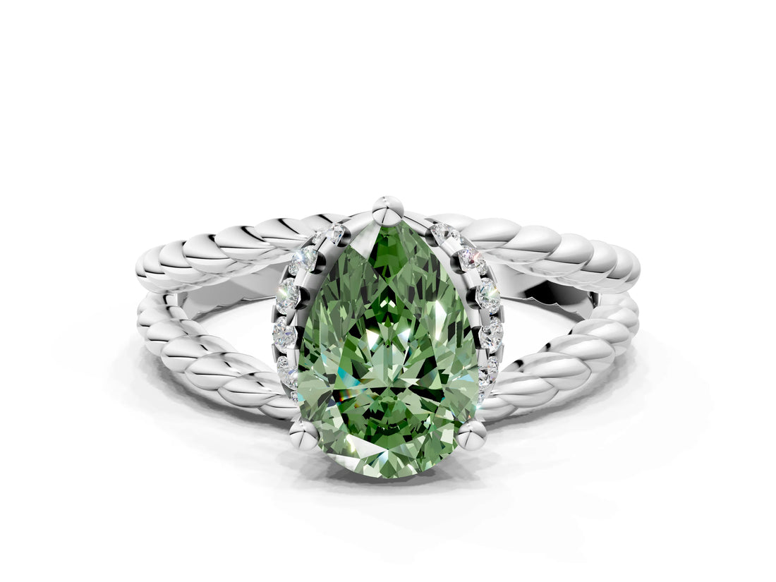 White gold Fancy Green Pear  Halo Twisted Band Four-Prong Ring_32