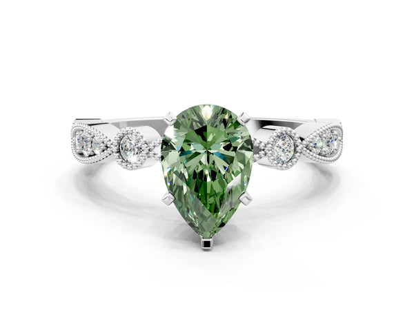 White gold Fancy Green Pear  Milgrain Bezel Diamond Engagement Ring with Solitaire Prong Setting