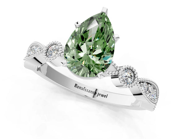 White gold Fancy Green Pear  Milgrain Bezel Diamond Engagement Ring with Solitaire Prong Setting