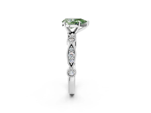 White gold Fancy Green Pear  Milgrain Bezel Diamond Engagement Ring with Solitaire Prong Setting