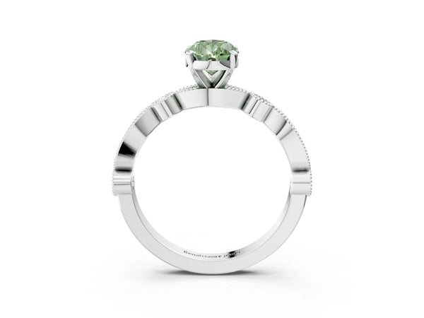 White gold Fancy Green Pear  Milgrain Bezel Diamond Engagement Ring with Solitaire Prong Setting