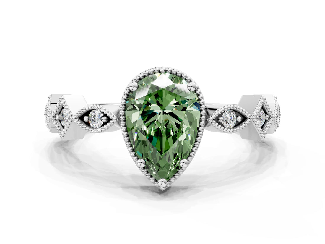 White gold Fancy Green Pear  Milgrain Marquise Diamond Twist Band Ring_62