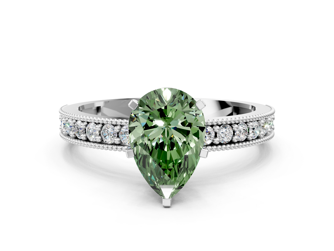 White gold Fancy Green Pear  Milgrain Pave Diamond Engagement Ring with Four-Prong Setting_149