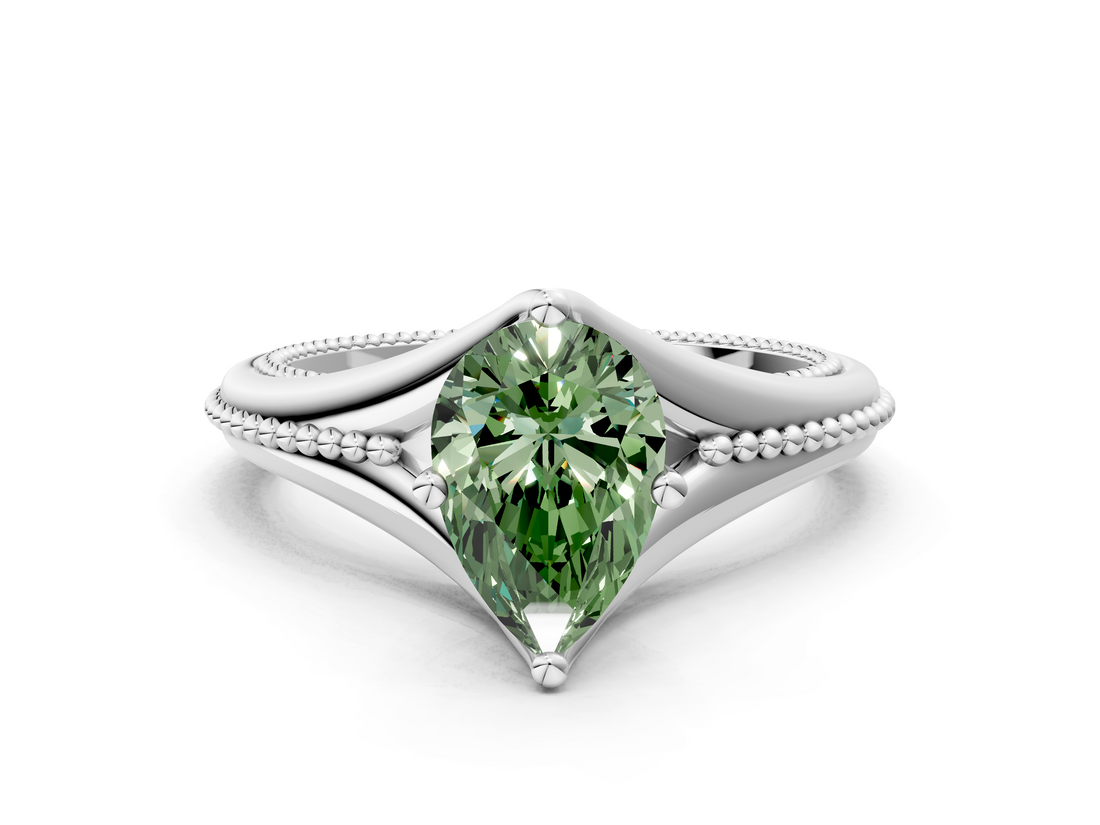 White gold Fancy Green Pear  Solitaire Beaded Band Six-Prong Setting