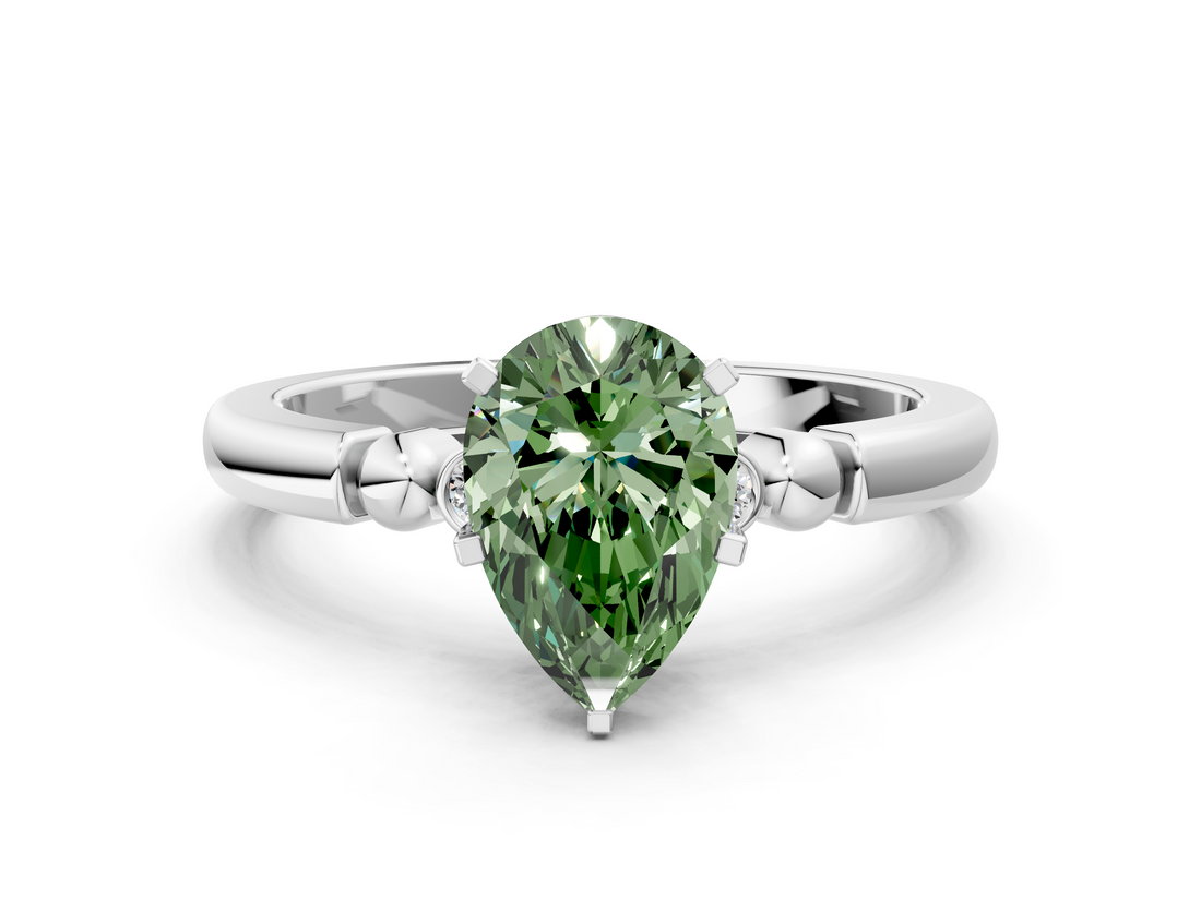 White gold Fancy Green Pear  Solitaire Beaded Band with Four-Prong Setting_58