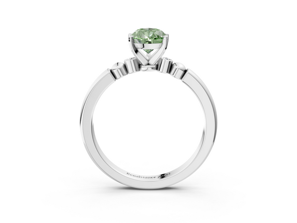 Platinum Fancy Green Pear  Solitaire Beaded Band with Four-Prong Setting