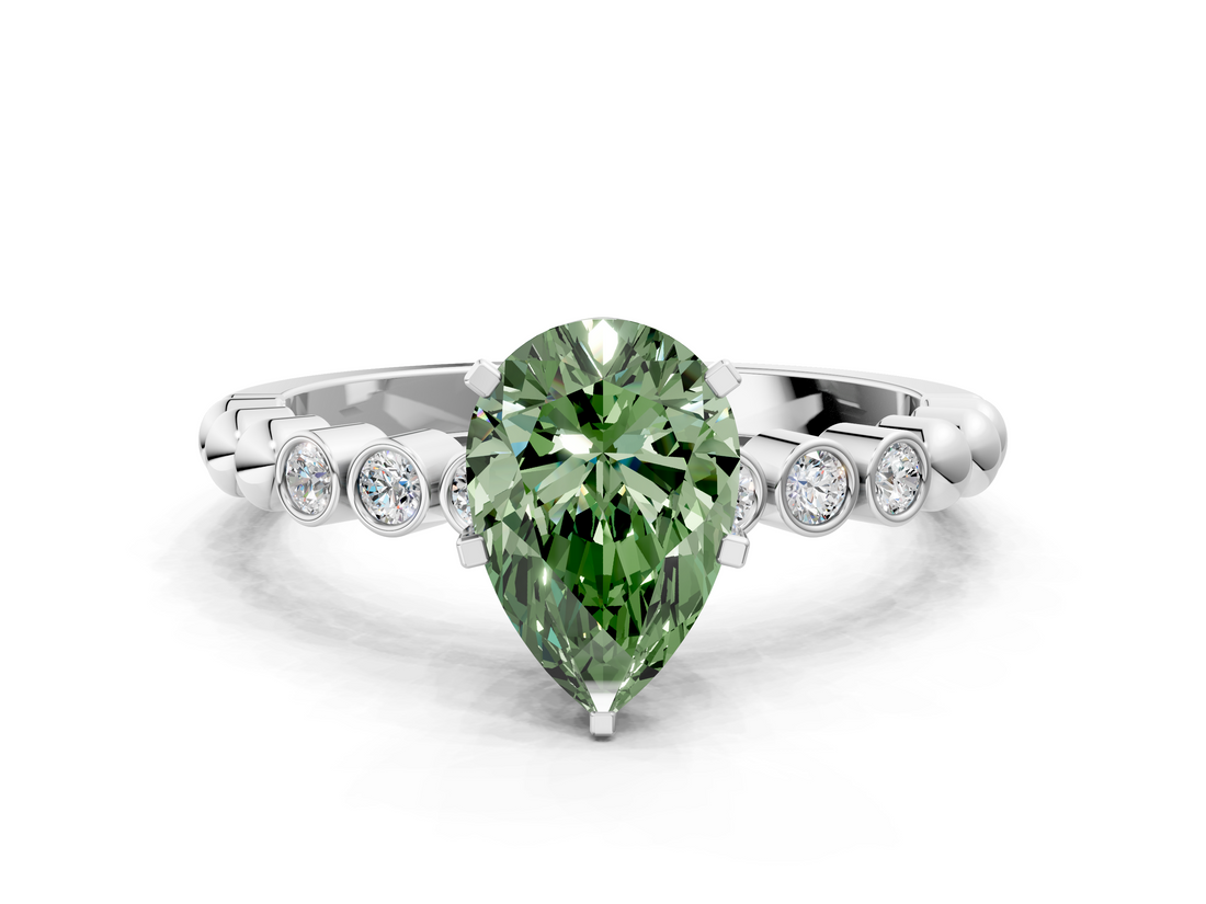 White gold Fancy Green Pear  Solitaire Bezel Accent Diamond Engagement Ring with Beaded Band and Four-Prong Setting_72
