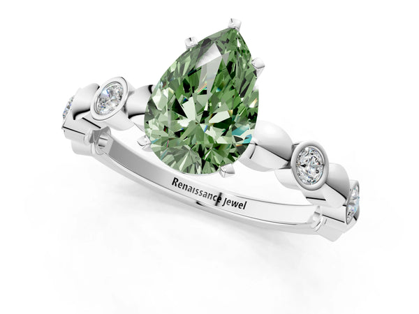 Platinum Fancy Green Pear  Solitaire Bezel-Set Diamond Ring with Beaded Band and Four-Prong Setting
