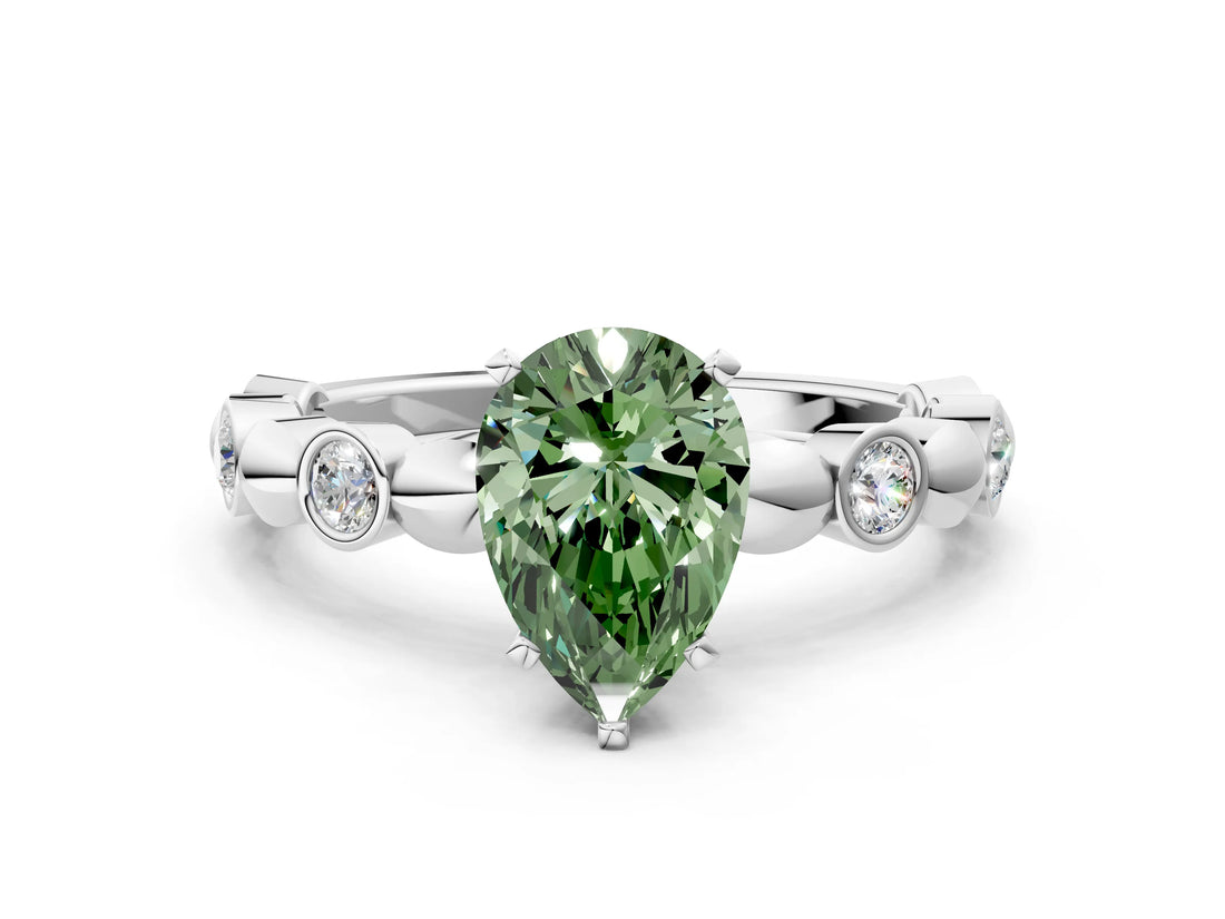 White gold Fancy Green Pear  Solitaire Bezel-Set Diamond Ring with Beaded Band and Four-Prong Setting_32