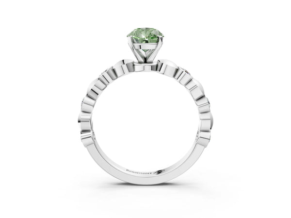 Platinum Fancy Green Pear  Solitaire Bezel-Set Diamond Ring with Beaded Band and Four-Prong Setting
