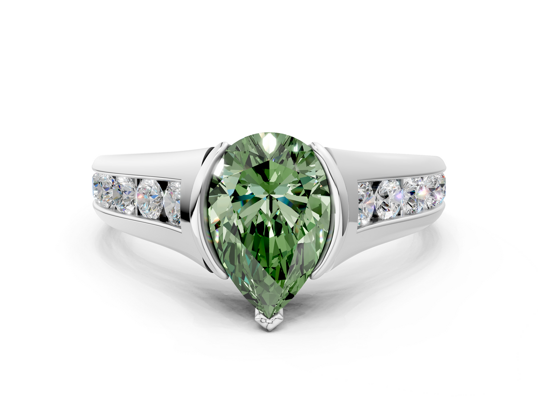 White gold Fancy Green Pear  Solitaire Bezel-Set Diamond Ring with Channel-Set Band_37